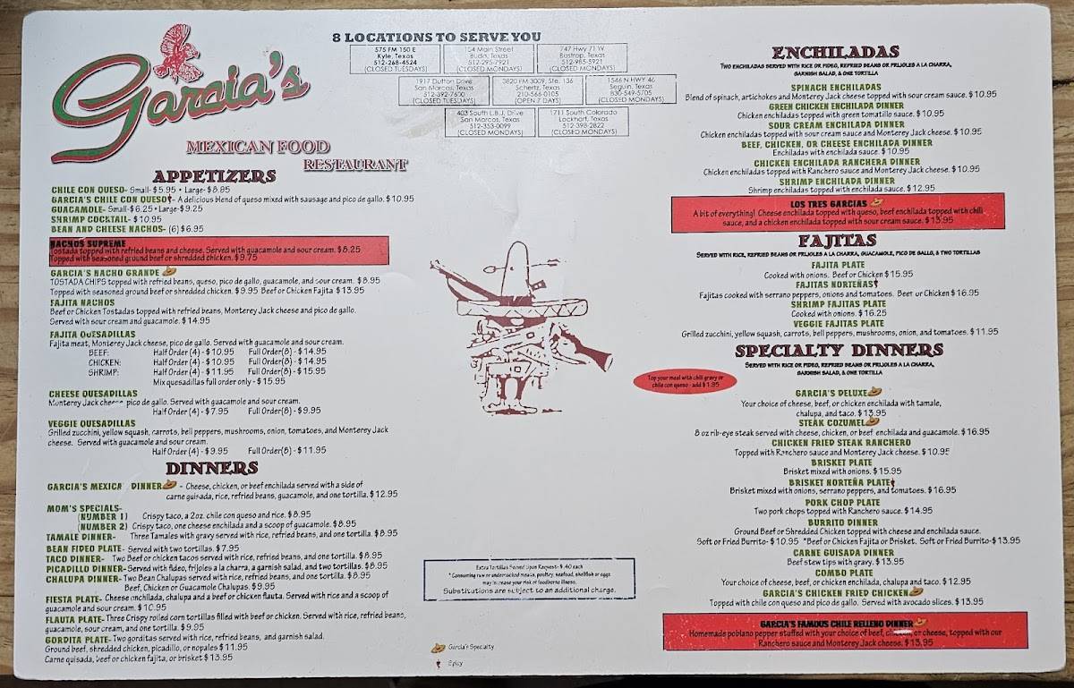 Menu at Garcia's Mexican Restaurant, Kyle