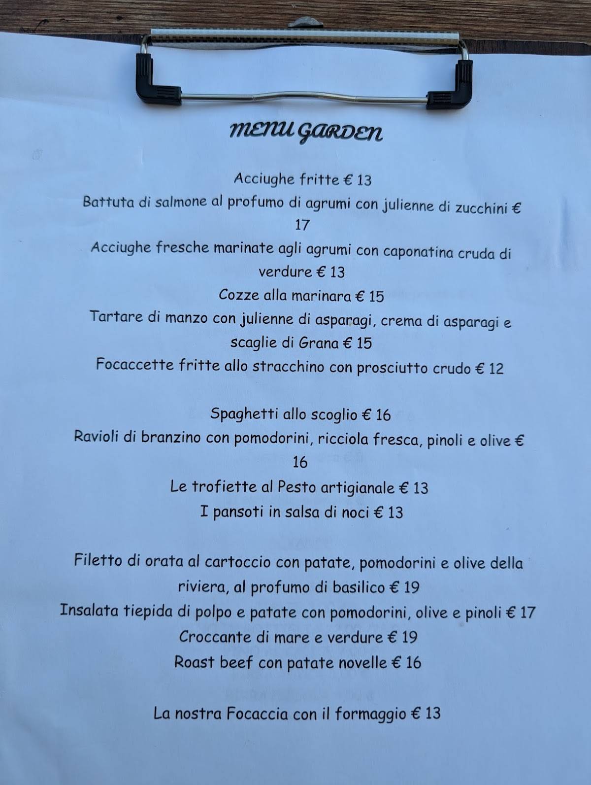 Menu di Ristorante Garden 