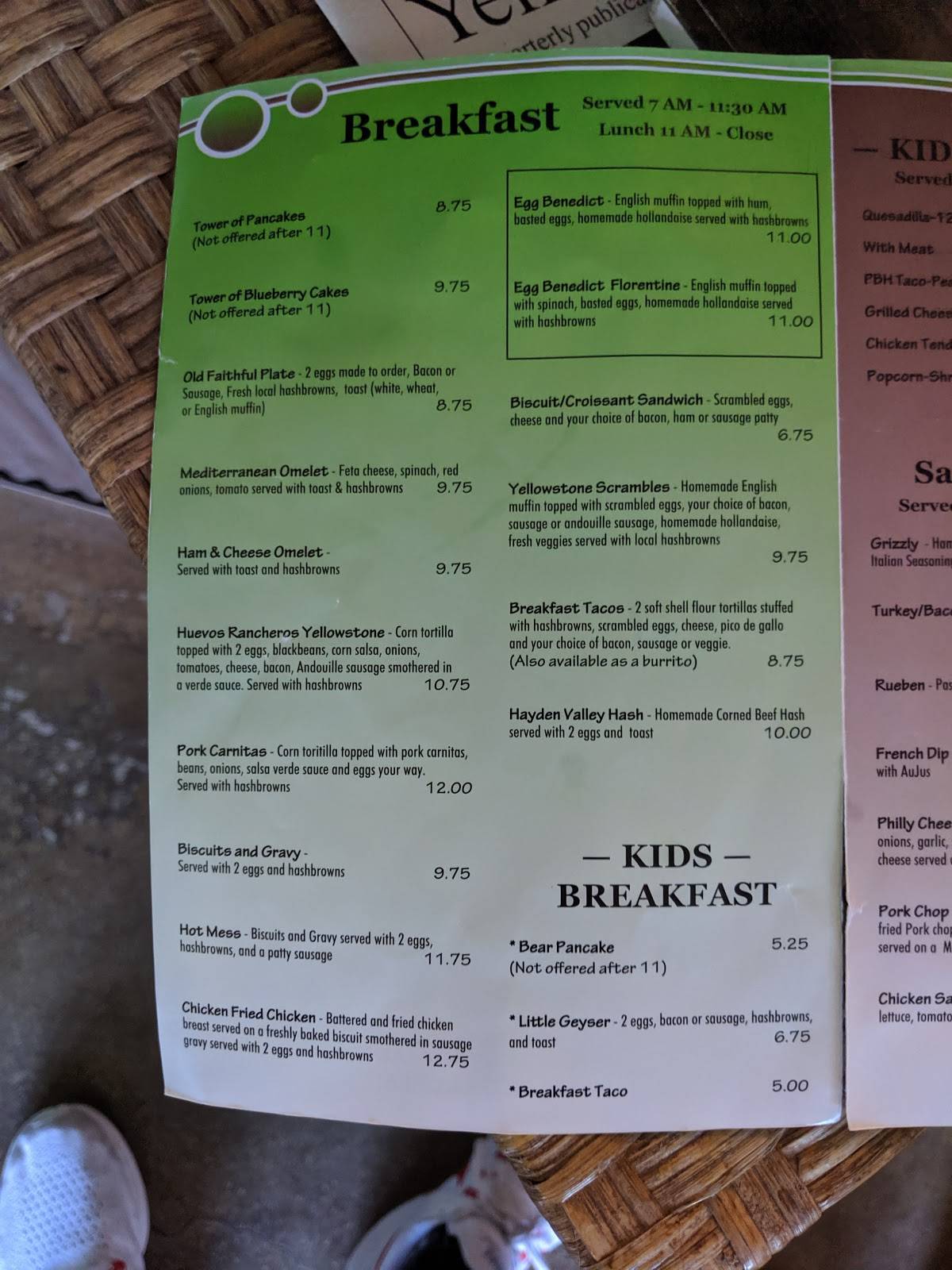Menu at Yellowstone Grill cafe, Gardiner