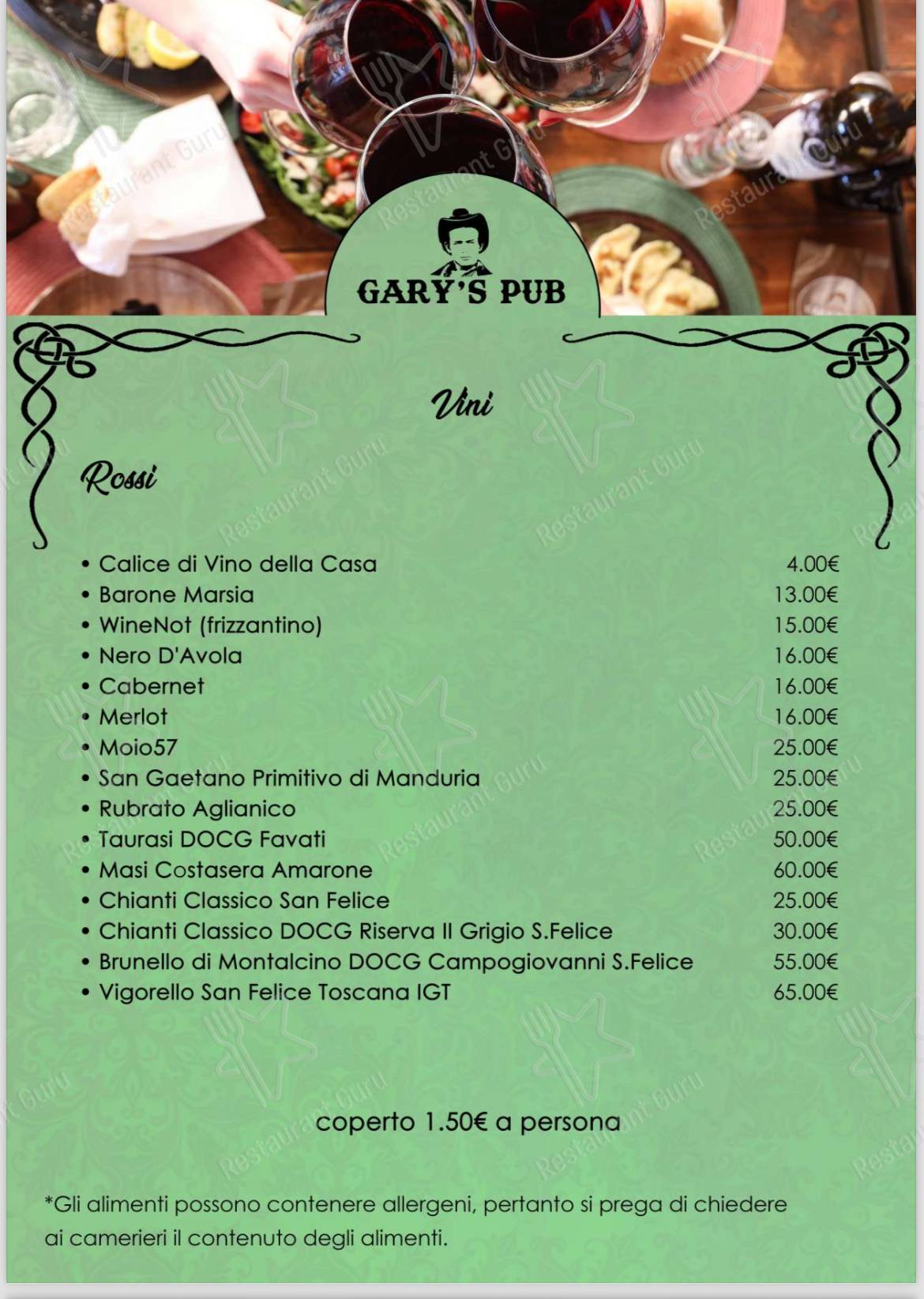 Menu di Gary’s Pub Braceria - piatti e bevande