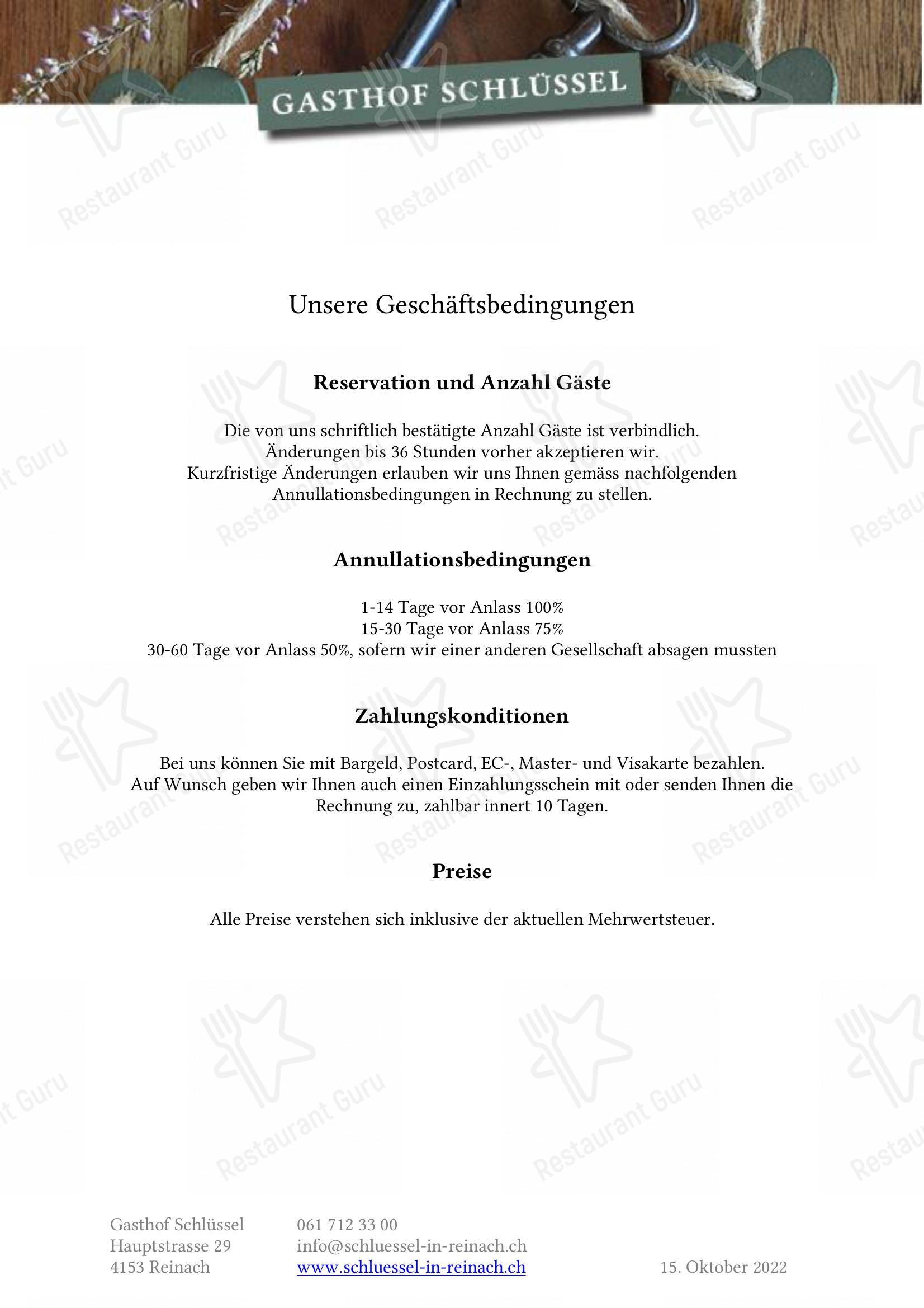 Restaurant Zum Schlössla Speisekarte von Gasthof Schlüssel - GESCHLOSSEN, Reinach