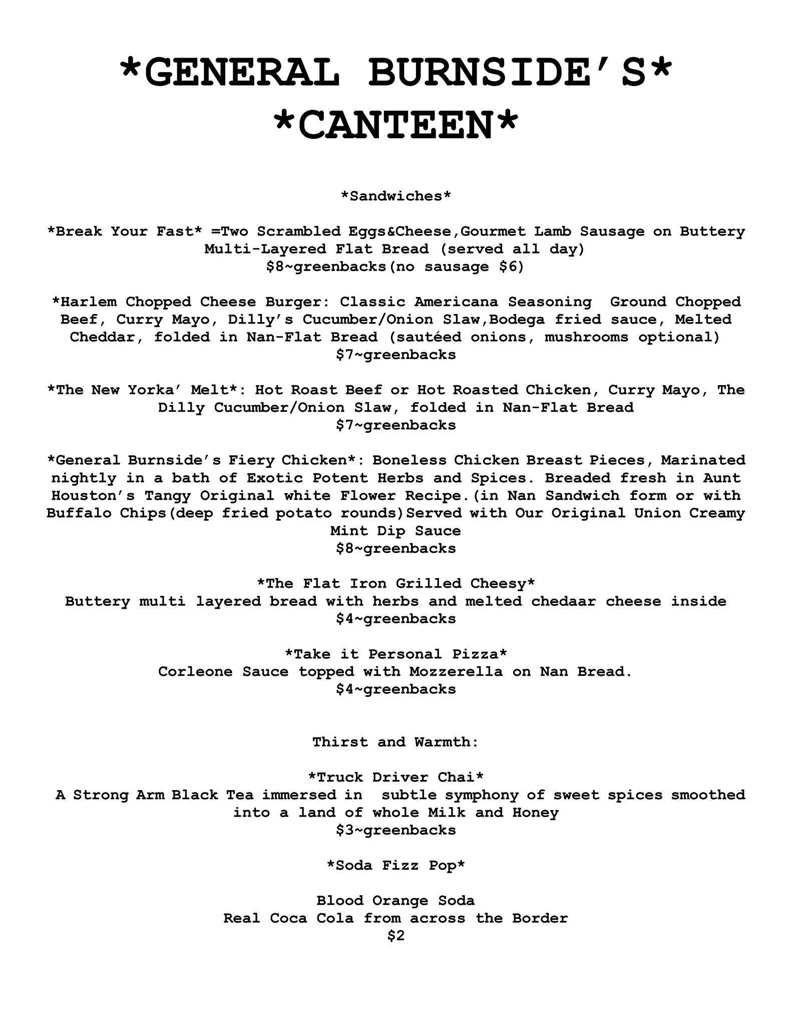 Menu at General Burnside's Canteen restaurant, Portland