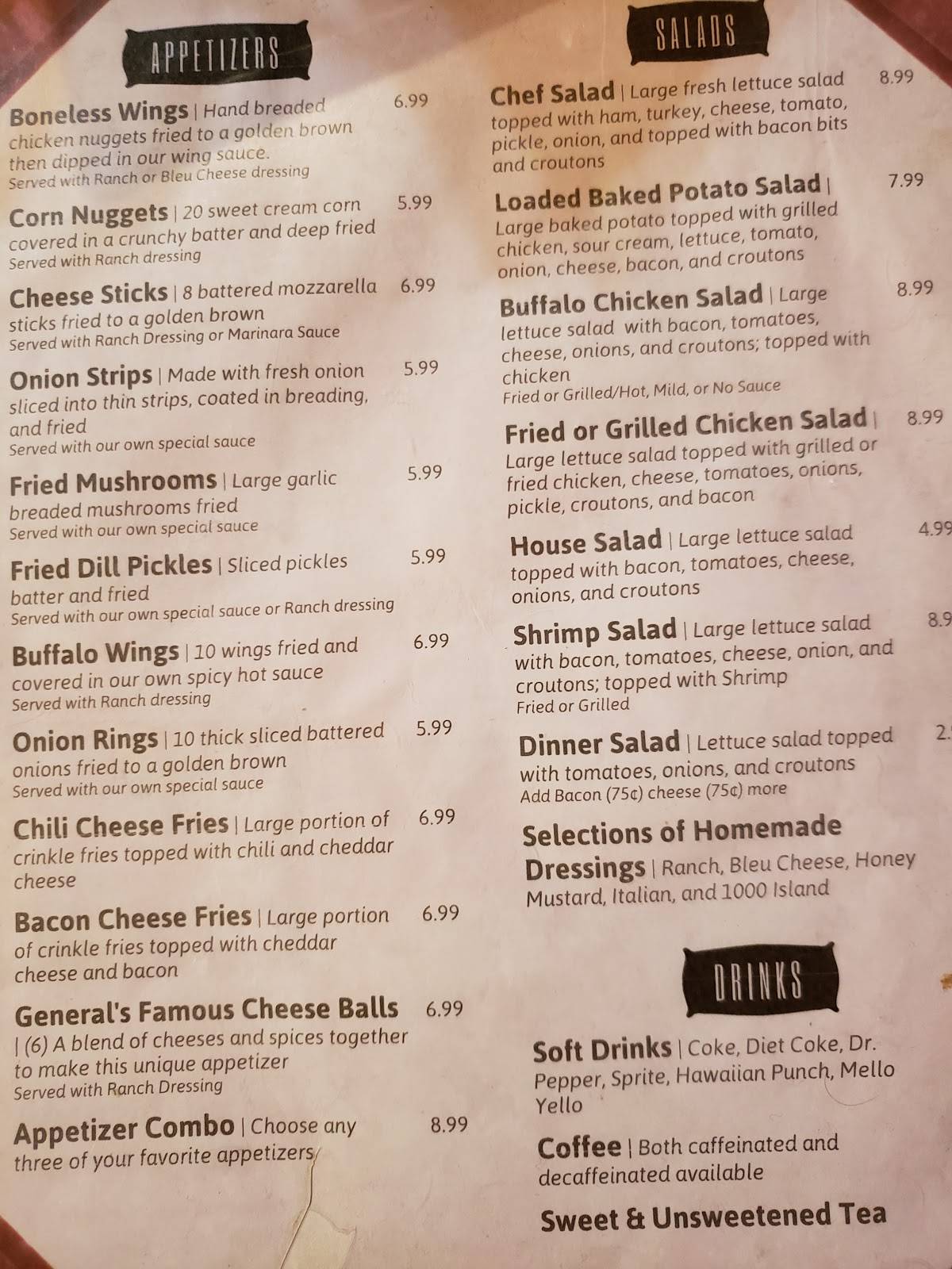 Menu at General's Cafe, New Site, AL22