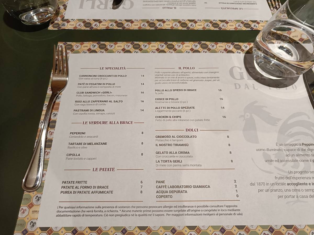 Menu di Gerli dal 1870 