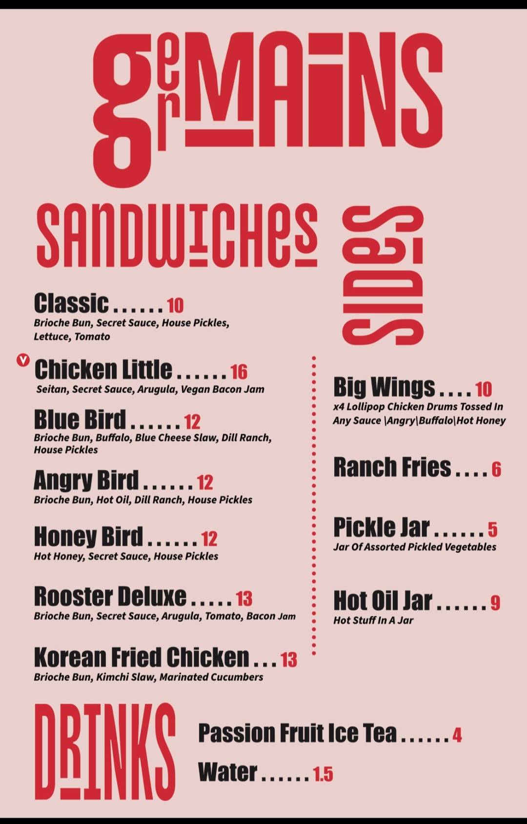 Menu at Germain's Chicken Sandwiches restaurant, Gainesville