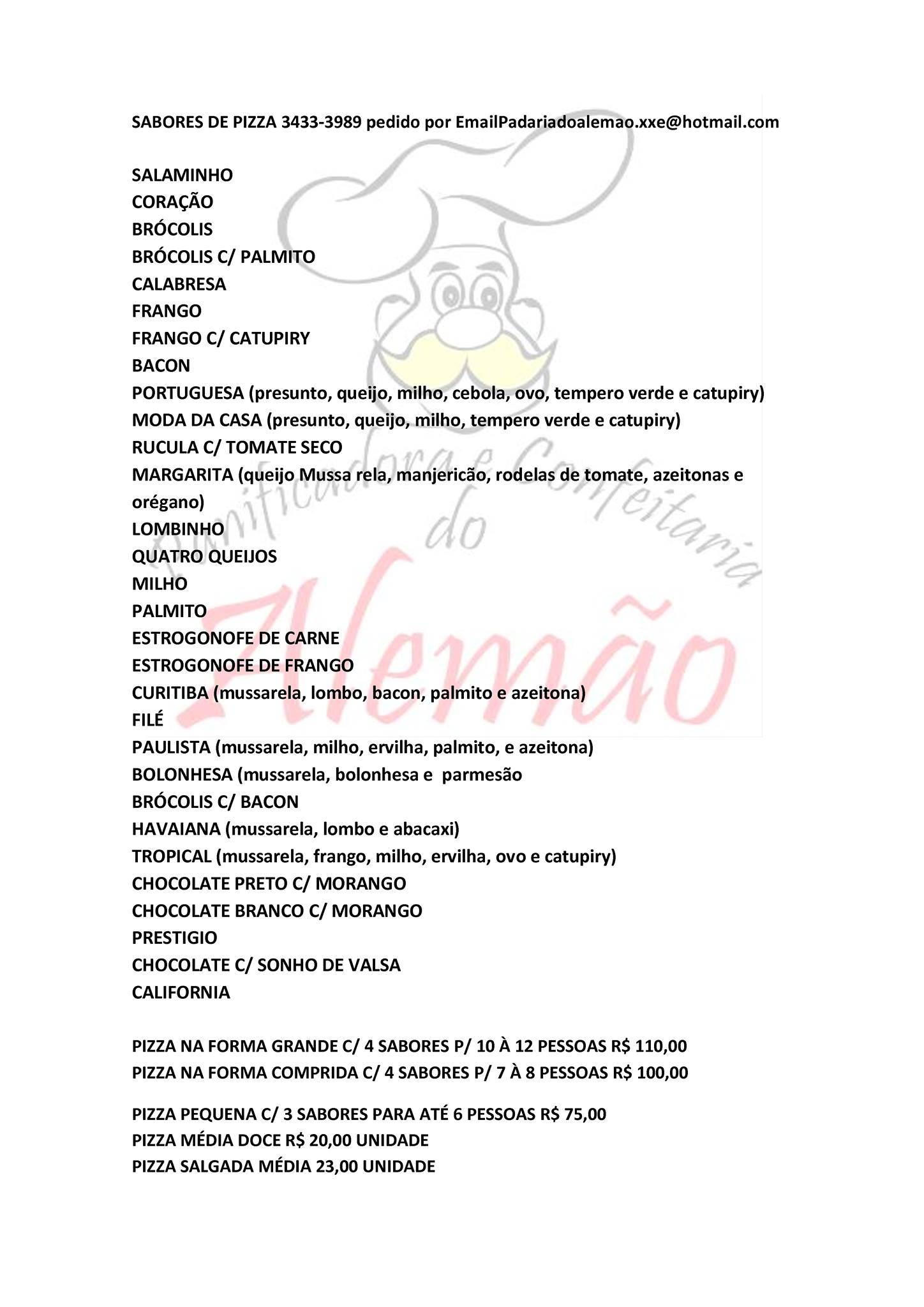 Padaria do Alemão cardápio