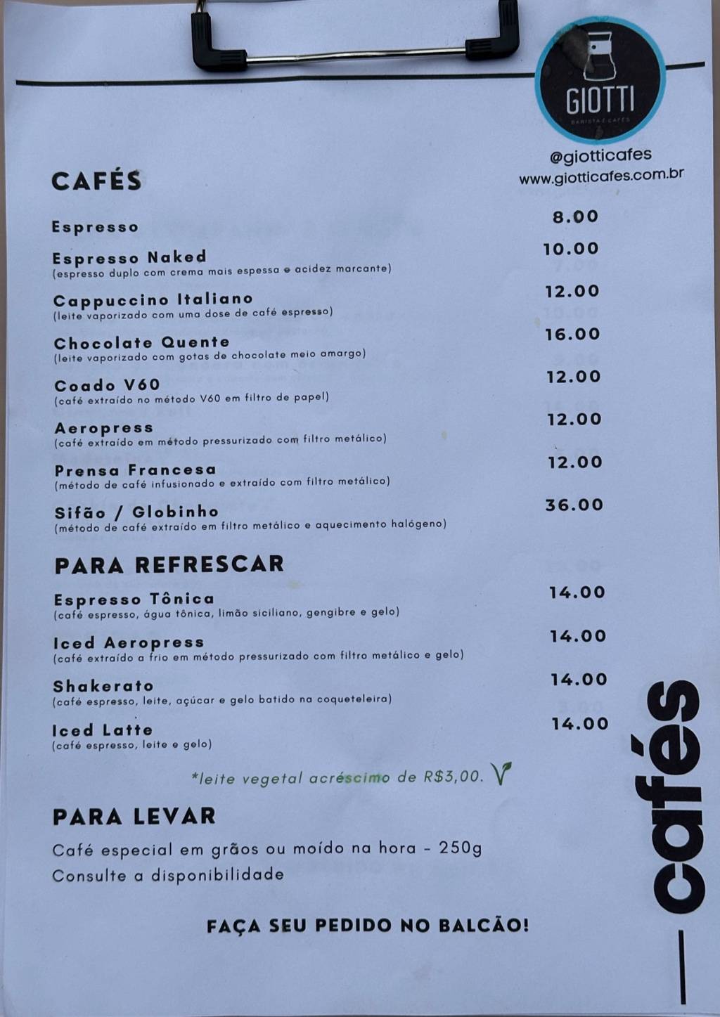 Giotti Cafés Microtorrefação cardápio