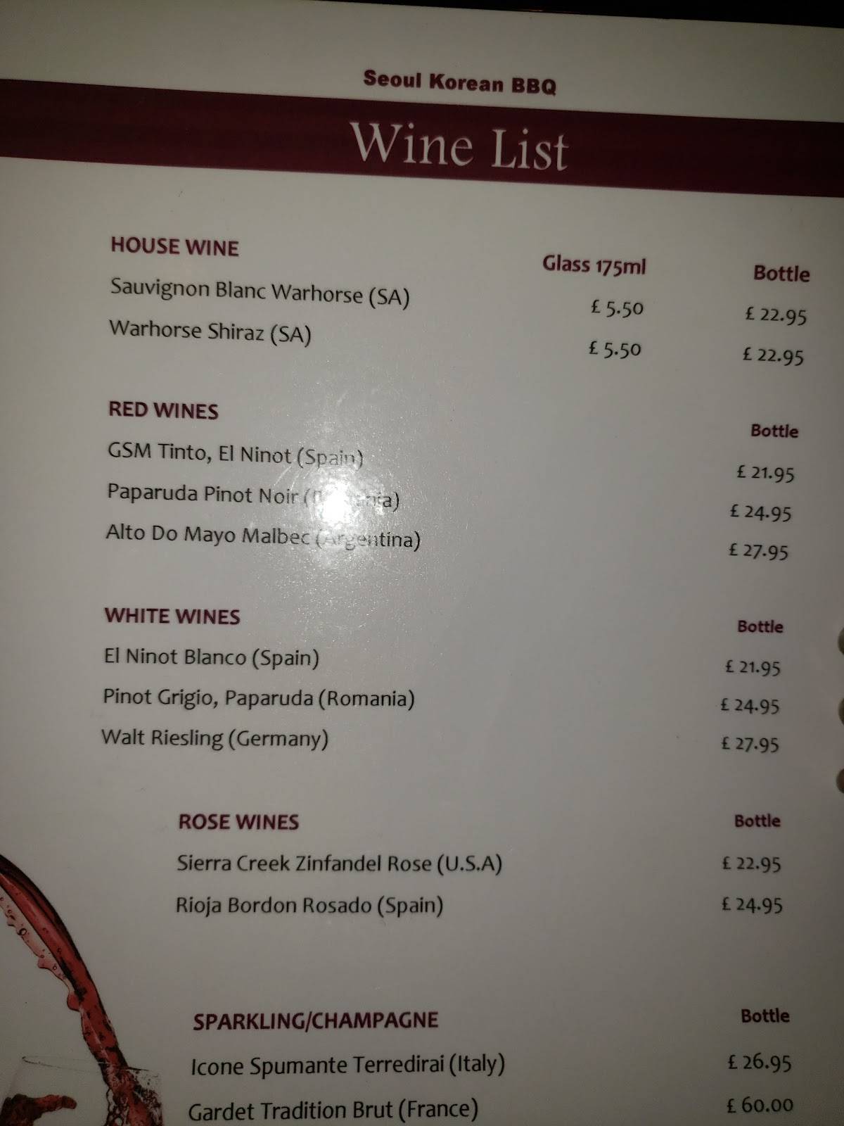 Menu at Seoul Korean BBQ, Glasgow