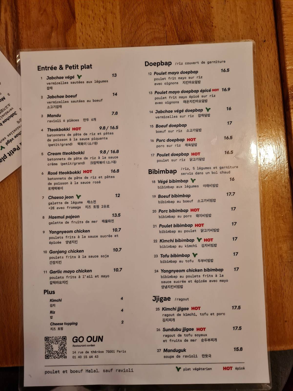 Menu de Go Oun