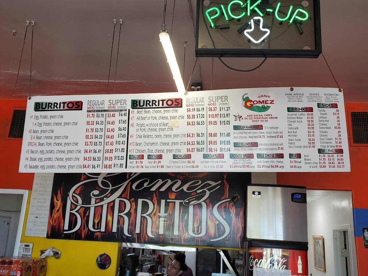 Menu at Gomez Burritos restaurant, Denver, Washington St