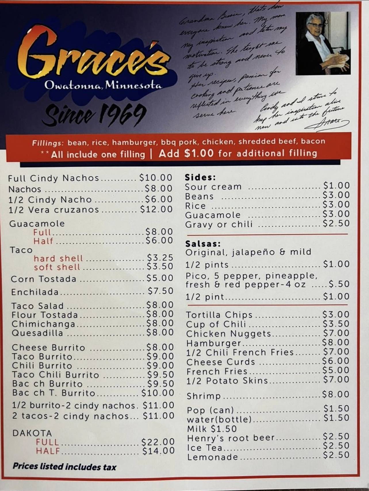 Menu at Grace's Tex-Mex restaurant, Owatonna