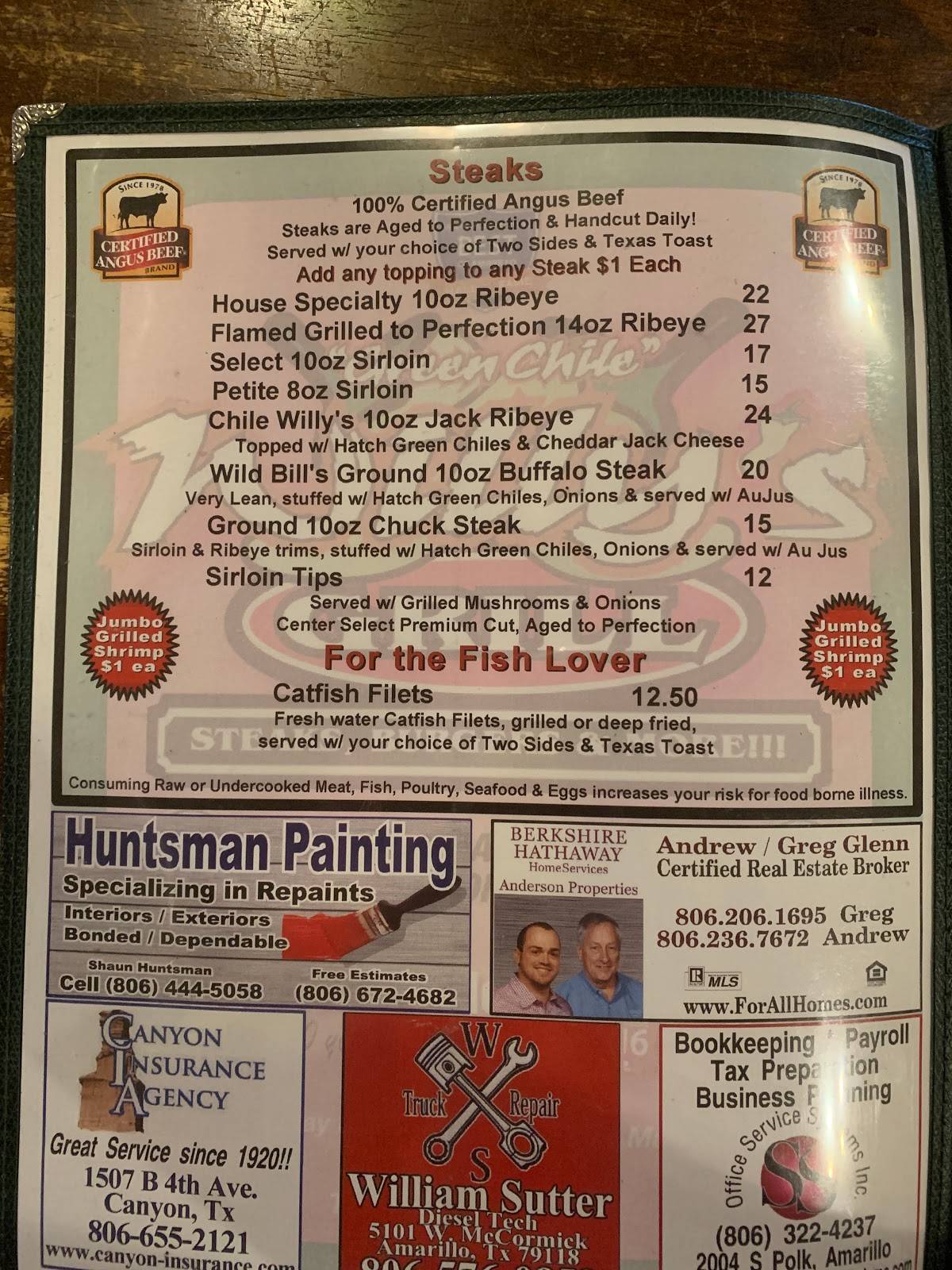 Menu at Green Chile Willy's steakhouse, Amarillo