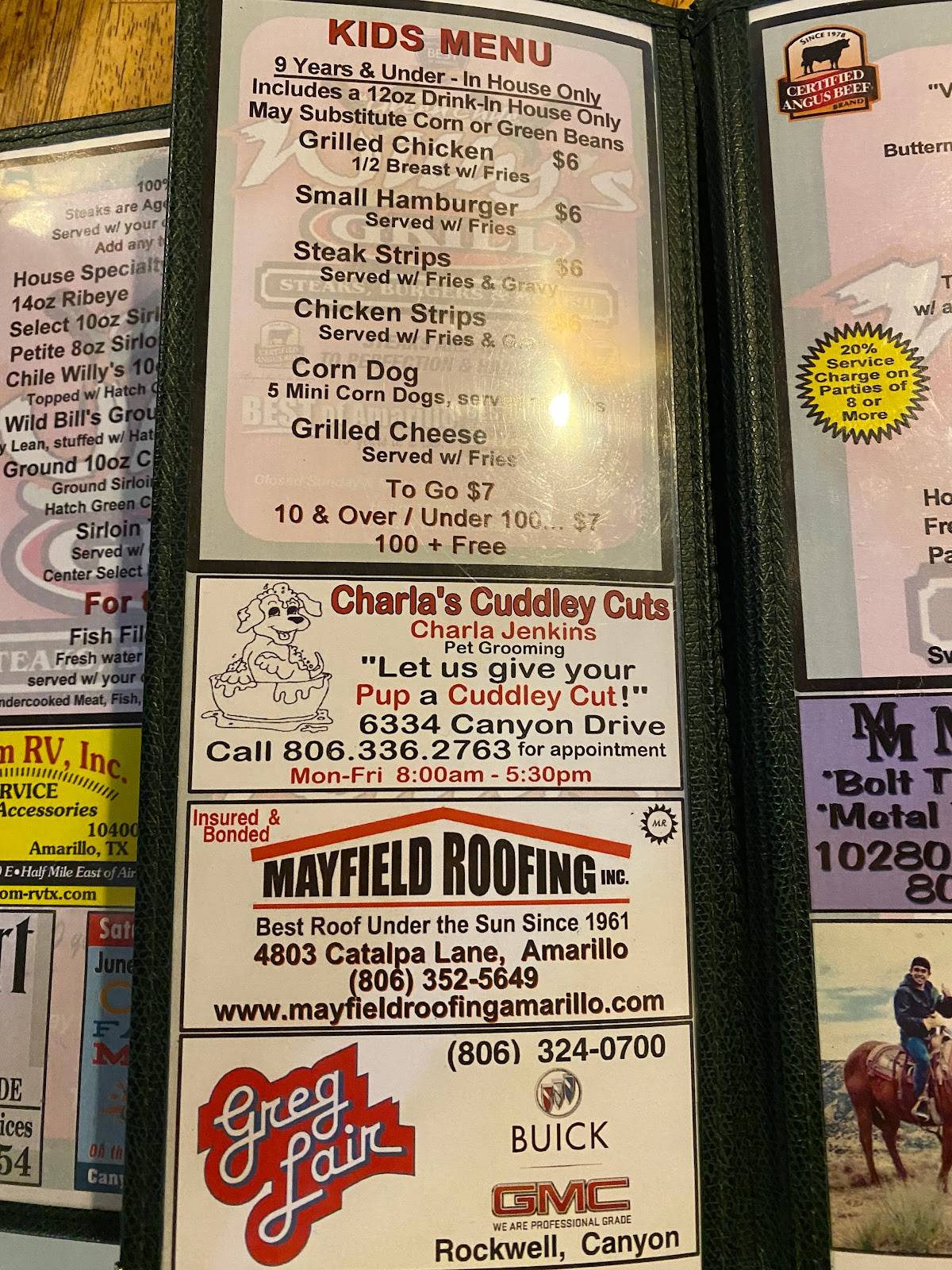 Menu at Green Chile Willy's steakhouse, Amarillo