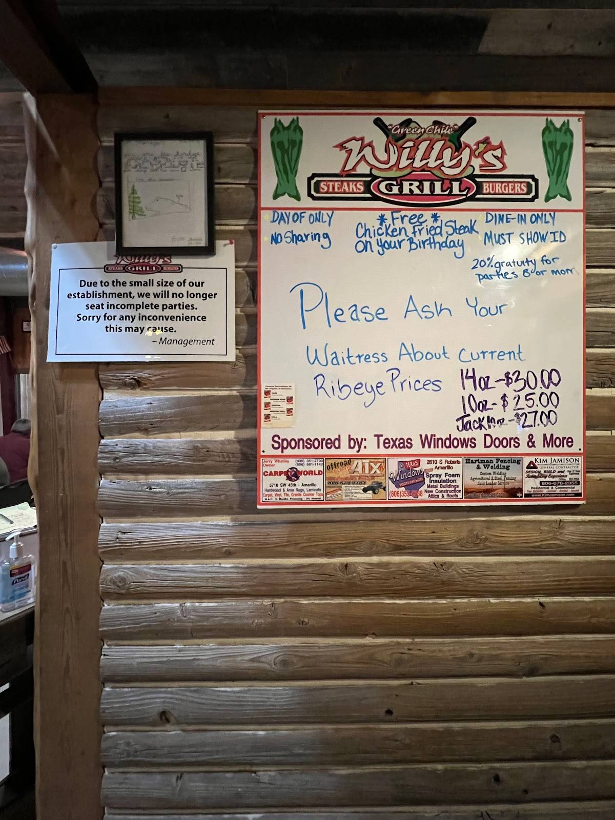 Menu at Green Chile Willy's steakhouse, Amarillo