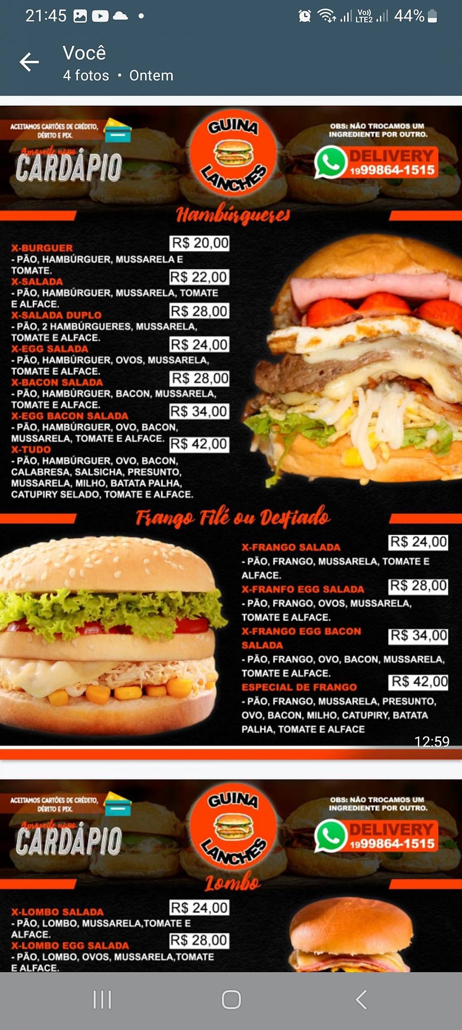 Guina Lanches. cardápio
