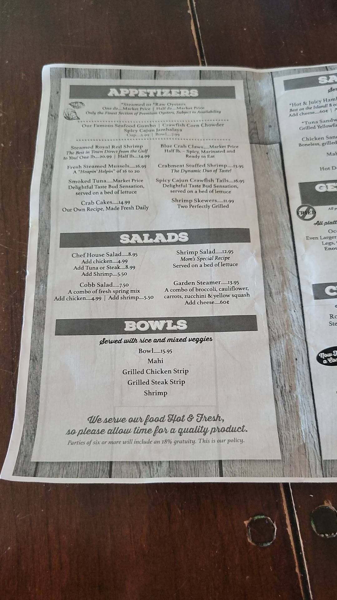 Menu at Gulf Shores Steamer restaurant, Orange Beach
