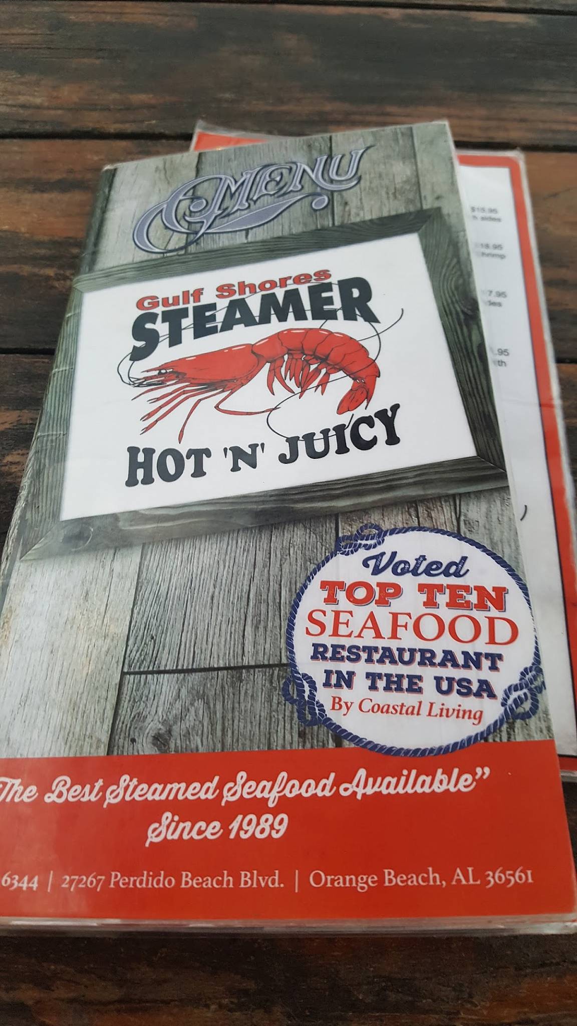 Menu at Gulf Shores Steamer restaurant, Orange Beach