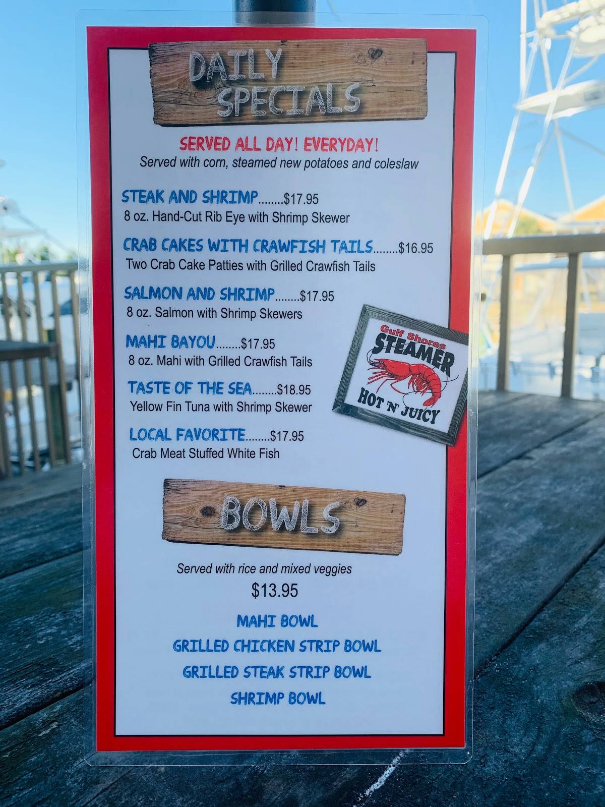 Menu at Gulf Shores Steamer restaurant, Orange Beach