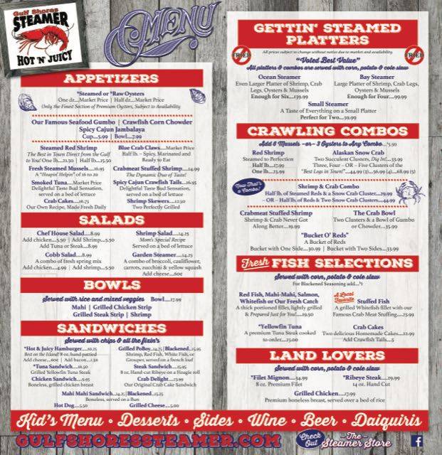 Menu at Gulf Shores Steamer restaurant, Orange Beach