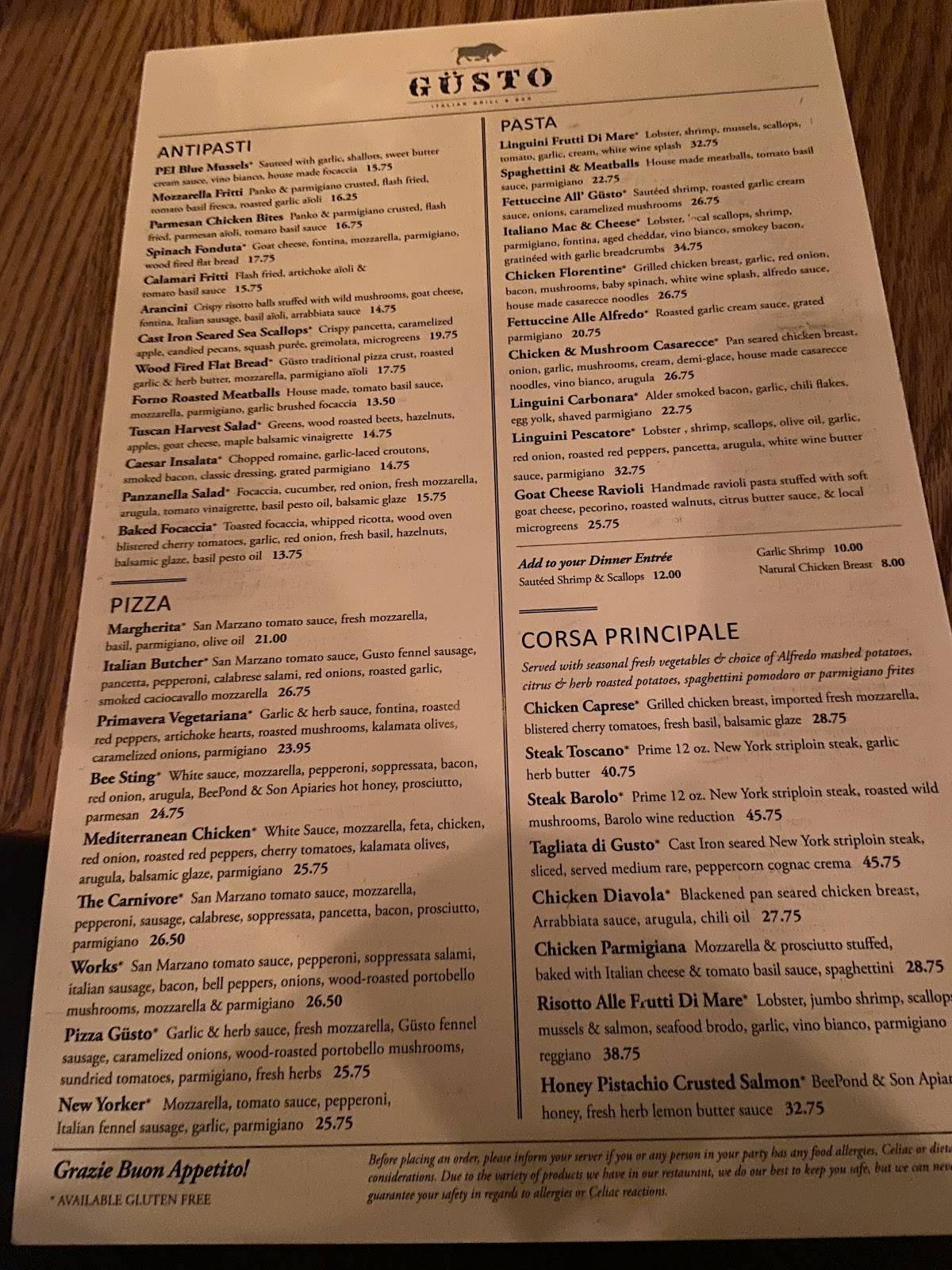 Menu de Gusto Italian Grill & Bar