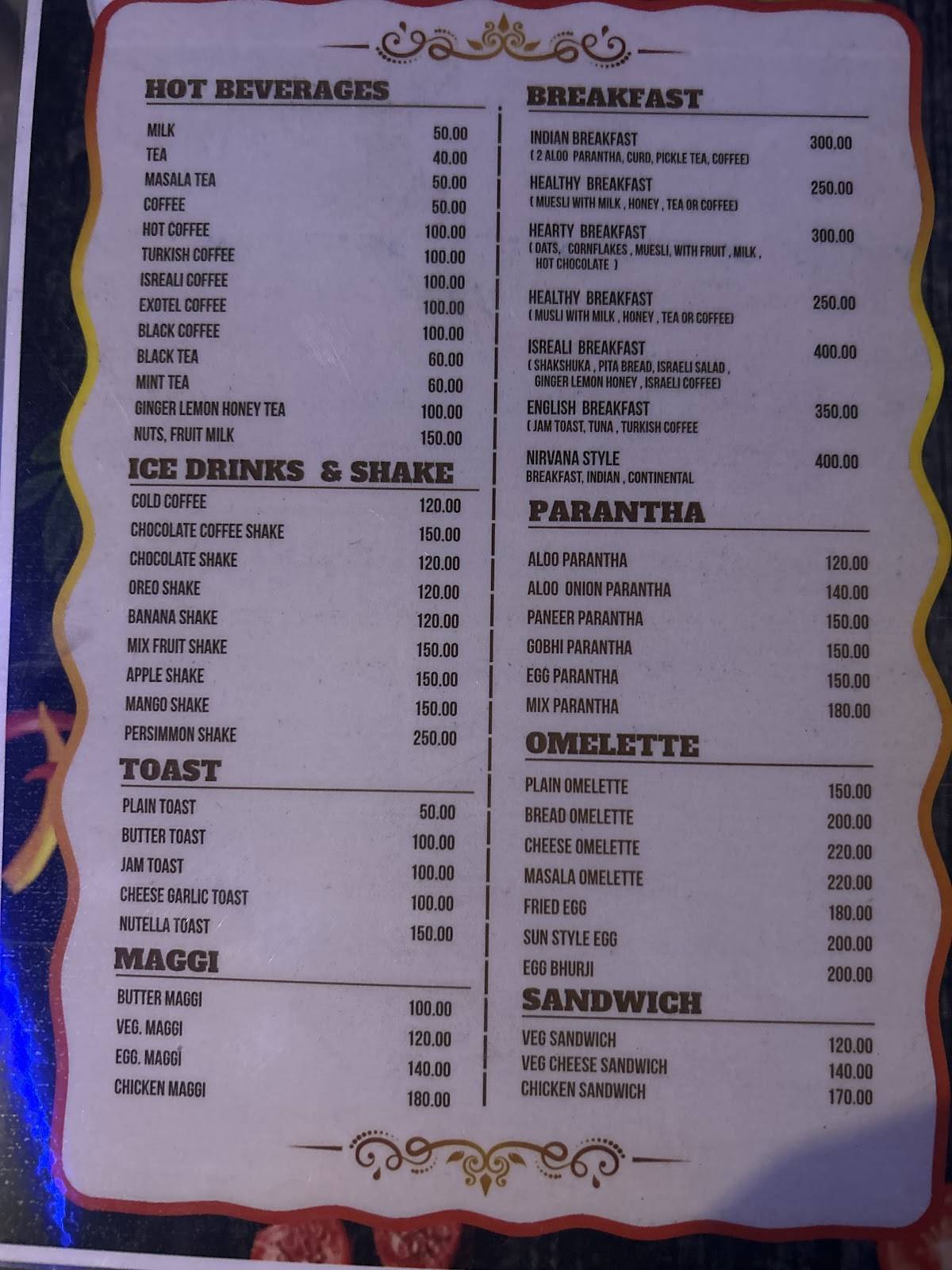 HOTEL NIRVANA cafe & cottages menu