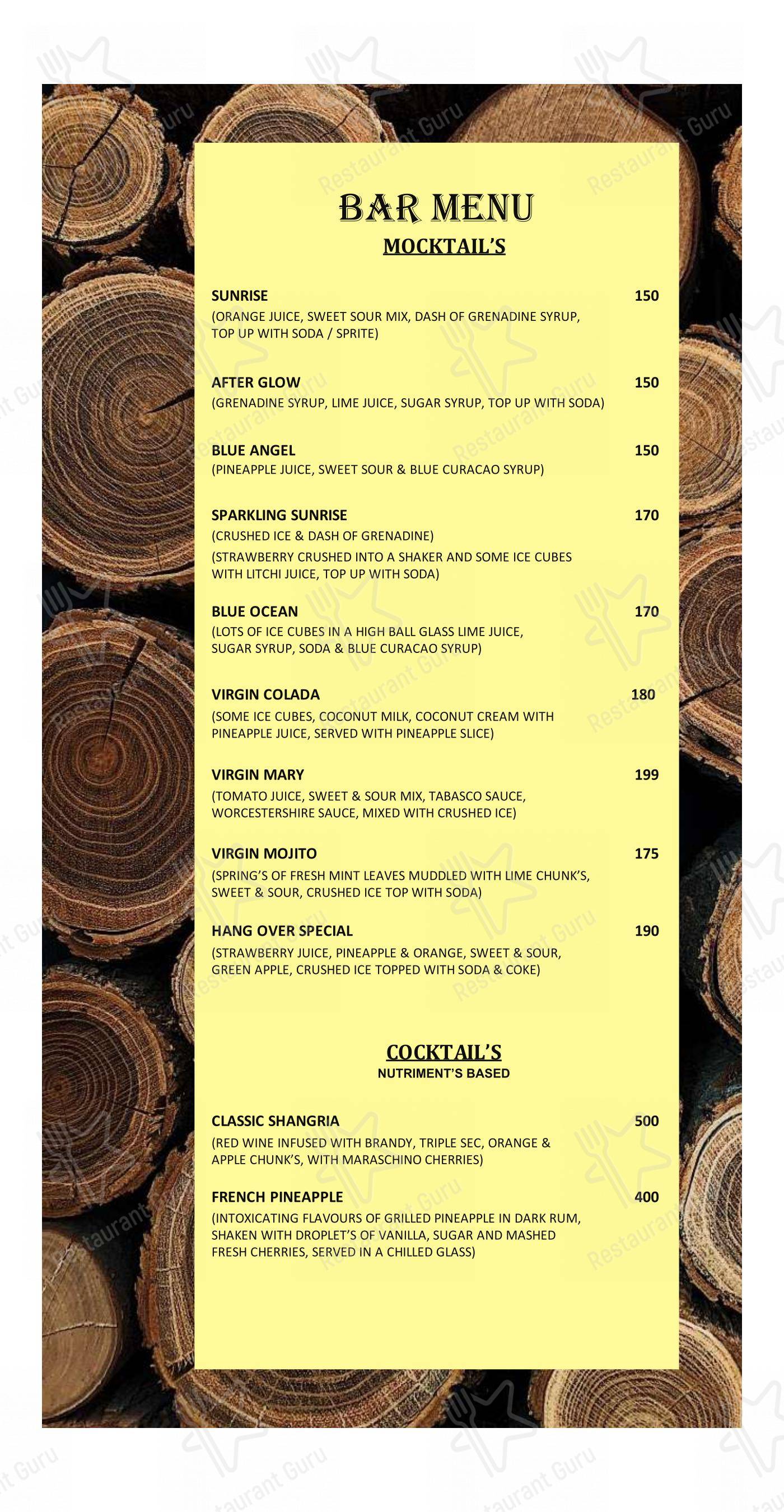 Menu bar for Hangover Bar and Lounge in Kanpur