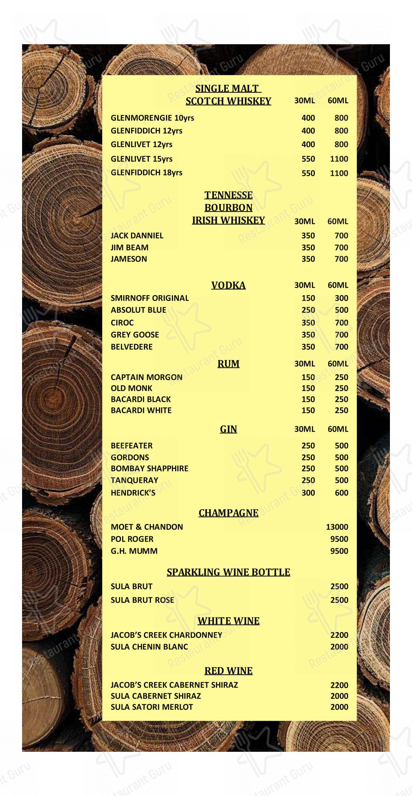 Menu bar for Hangover Bar and Lounge in Kanpur