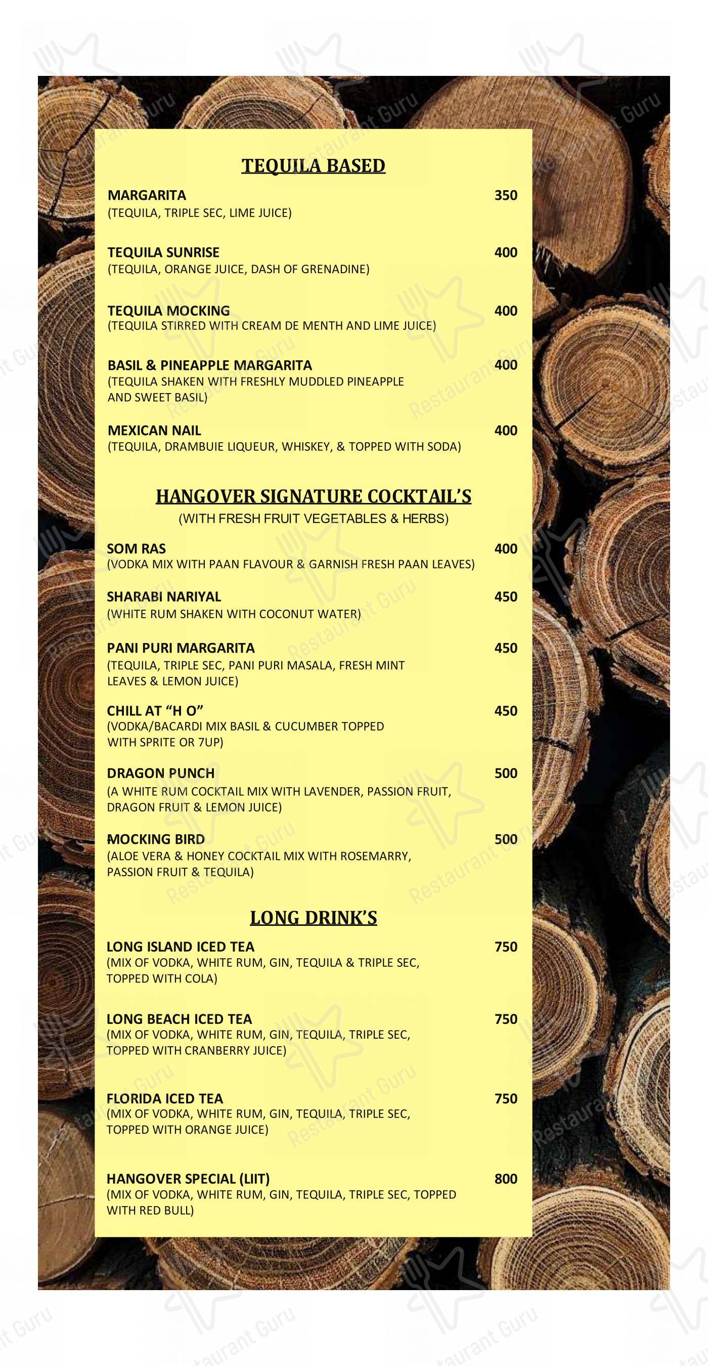Hangover Bar and Lounge in Kanpur - Menu bar