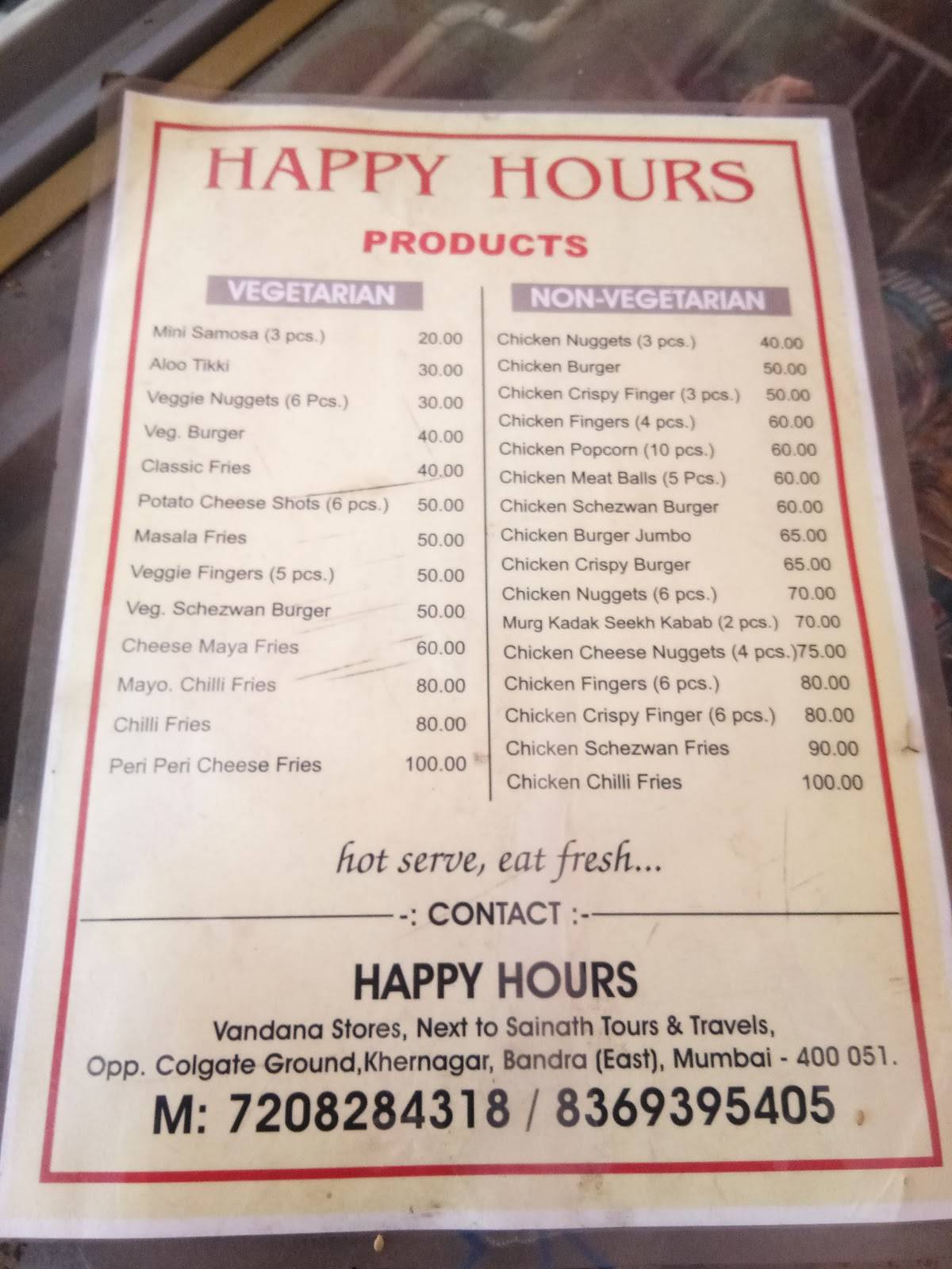 Happy Hours menu