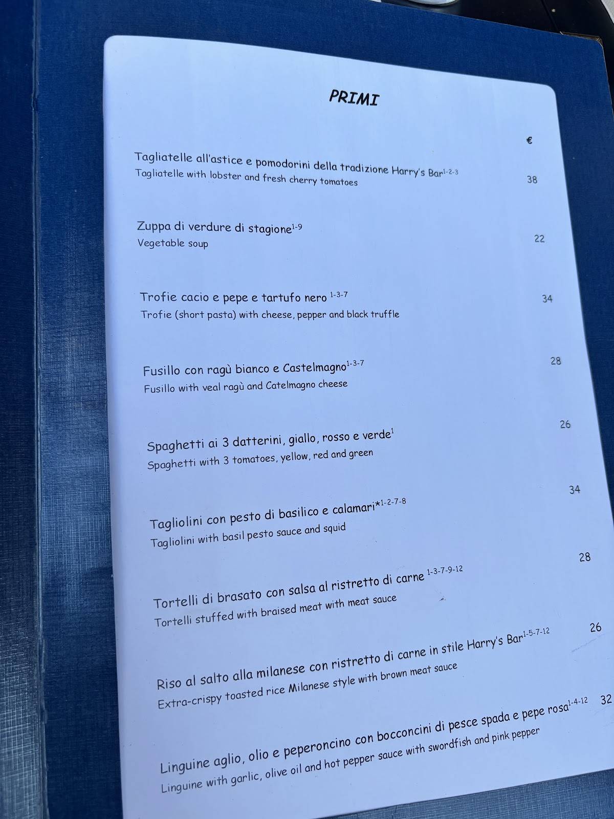 Menu di Harry's Bar Roma 