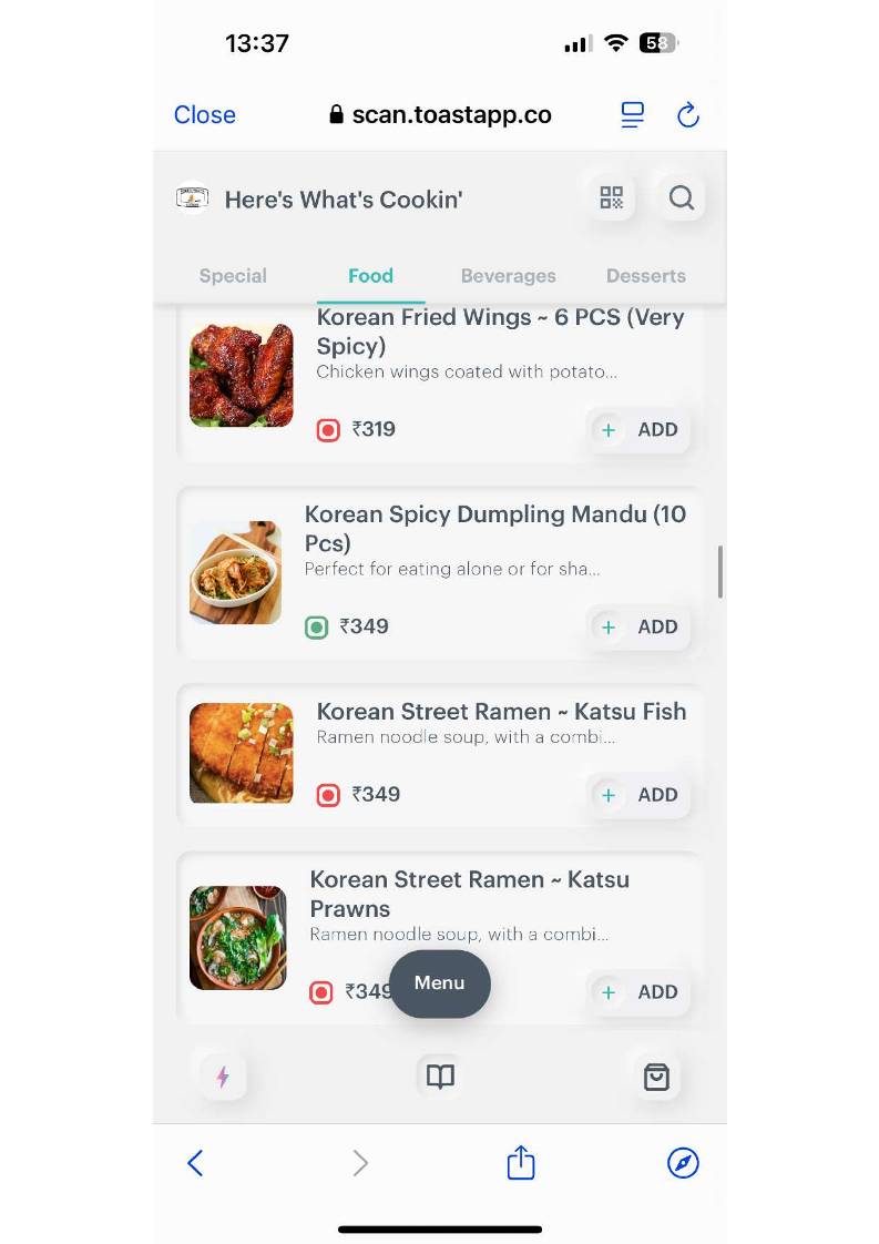 Here's What's Cookin` menu