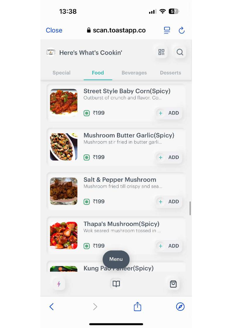 Here's What's Cookin` menu