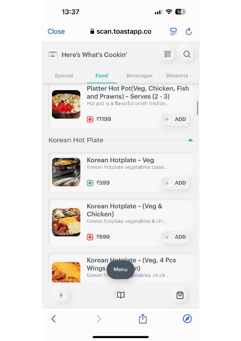 Here's What's Cookin` menu