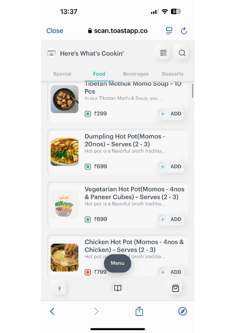 Here's What's Cookin` menu