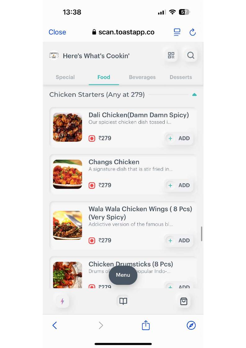 Here's What's Cookin` menu