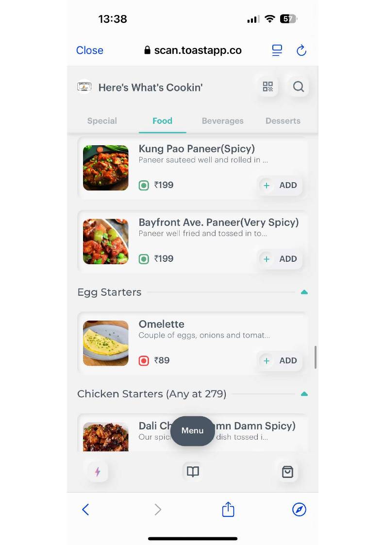 Here's What's Cookin` menu