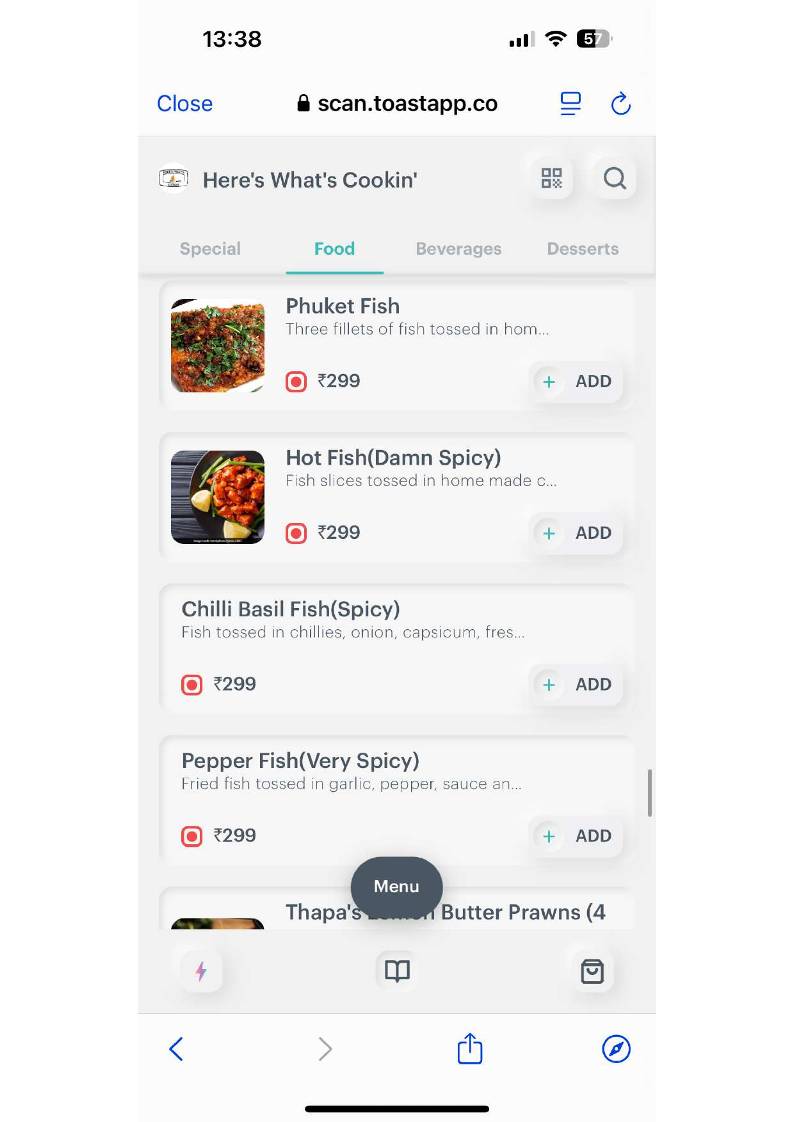 Here's What's Cookin` menu