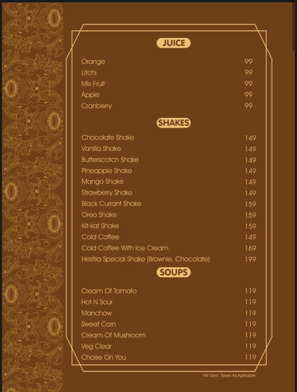 Hestiia restaurant menu
