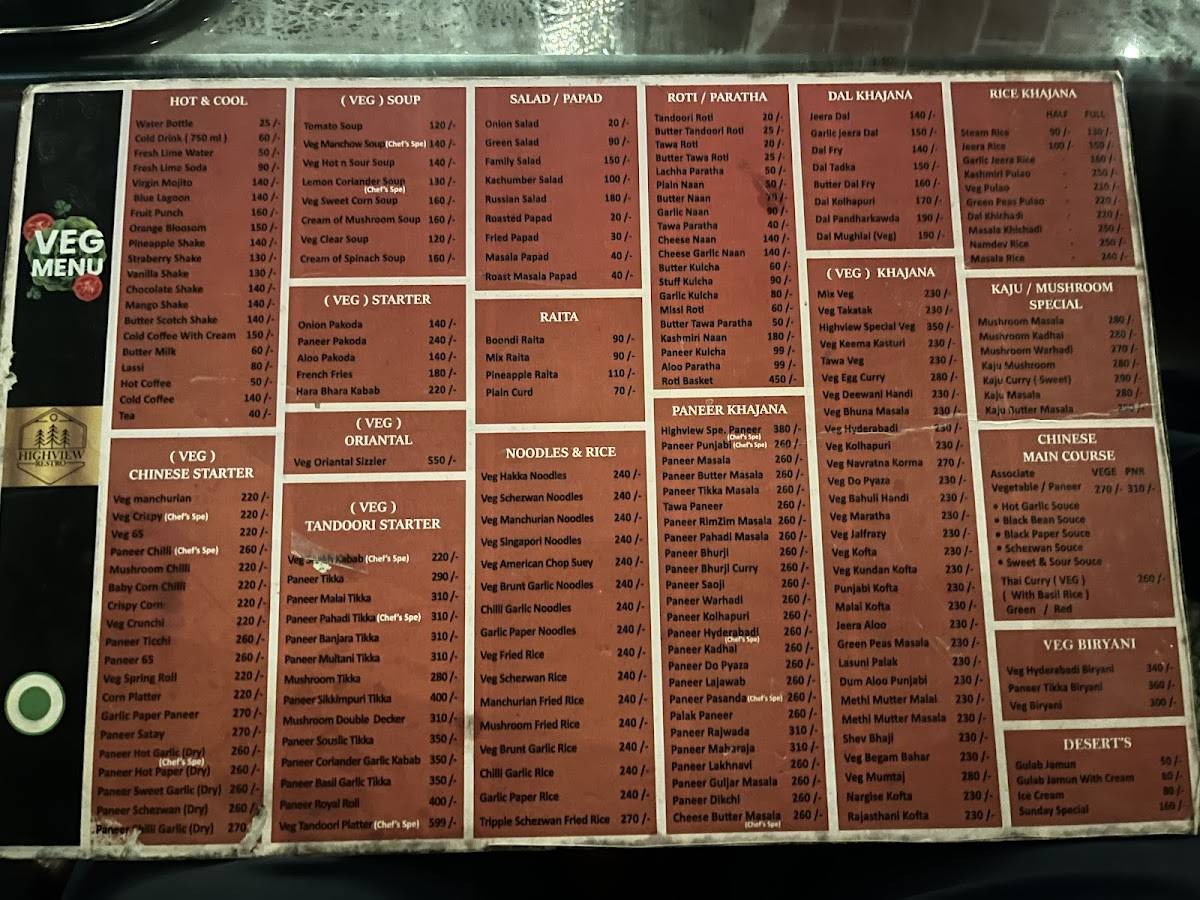Highview restaurant menu