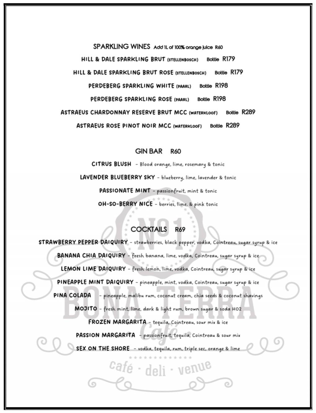 Menu at Bona Terra Cafe, Hillcrest