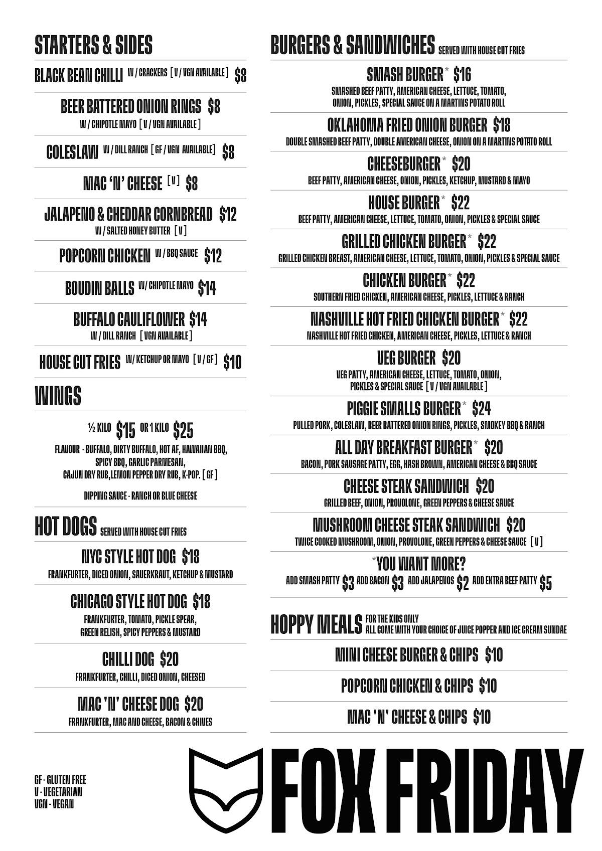 Menu at Fox Friday Hobart, Hobart