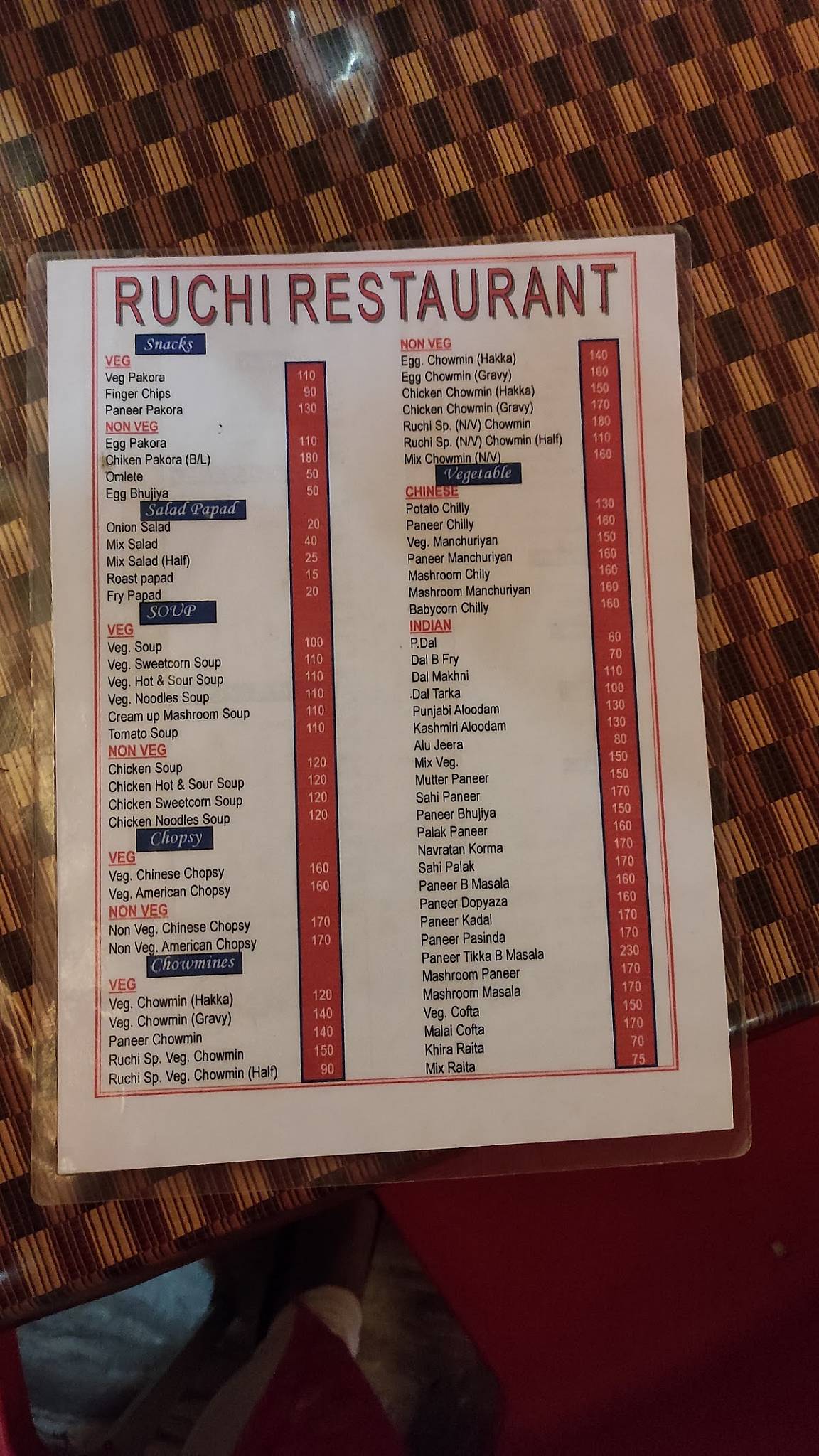 Hotel Aditya & Ruchi Restaurant menu