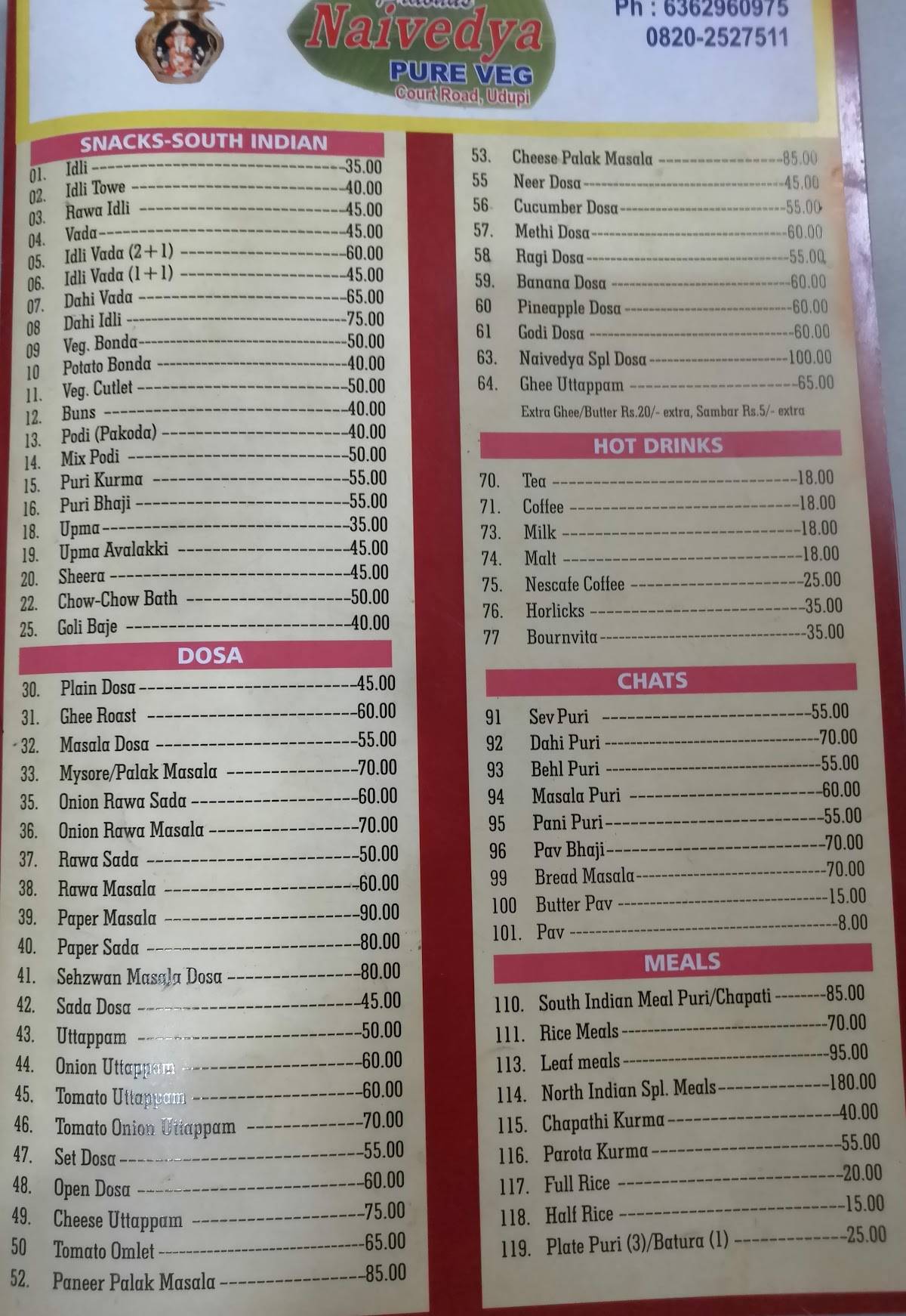 Hotel Naivedya menu