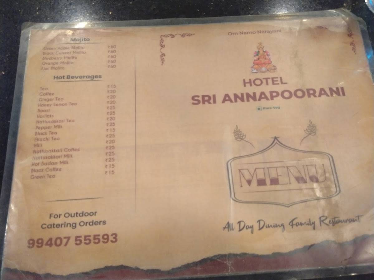 Hotel Sri Annapoorani menu