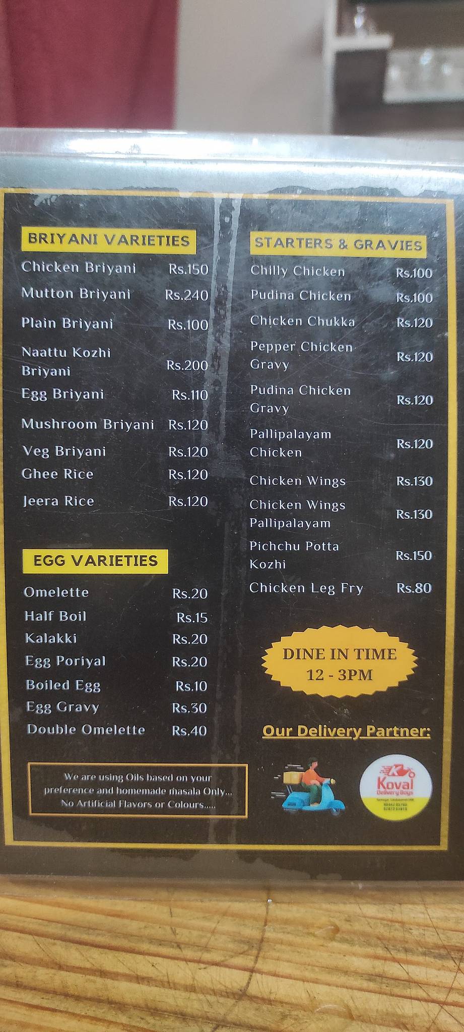 Keelakkarai Briyani menu