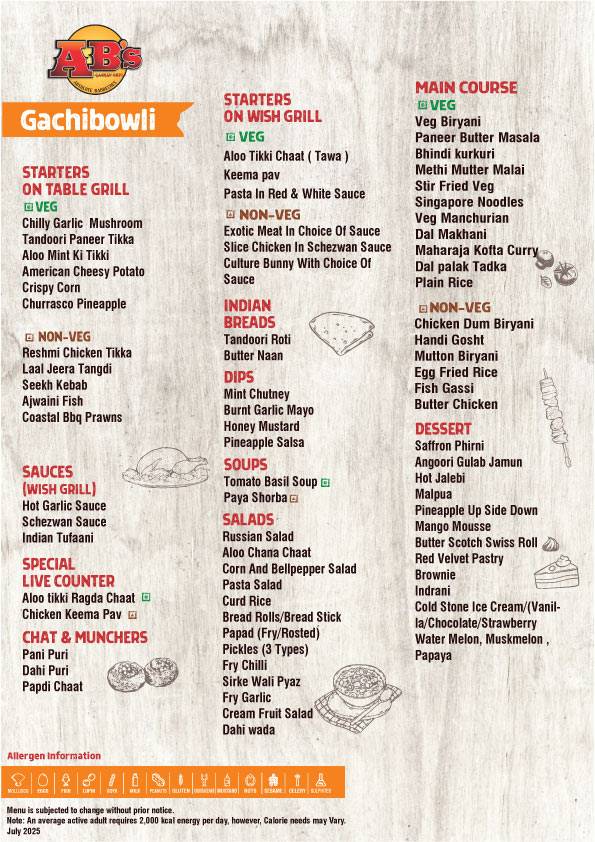 AB's - Absolute Barbecues Gachibowli, Hyderabad menu
