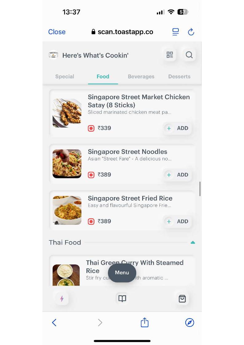 Here's What's Cookin` menu