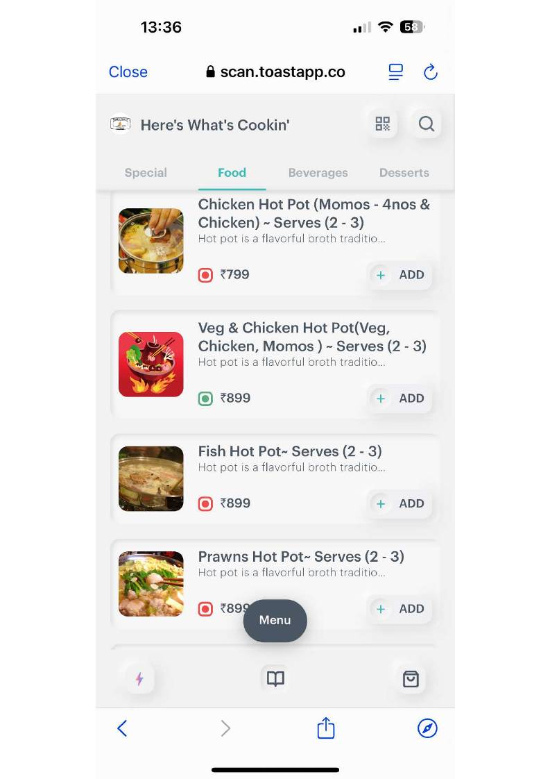 Here's What's Cookin` menu