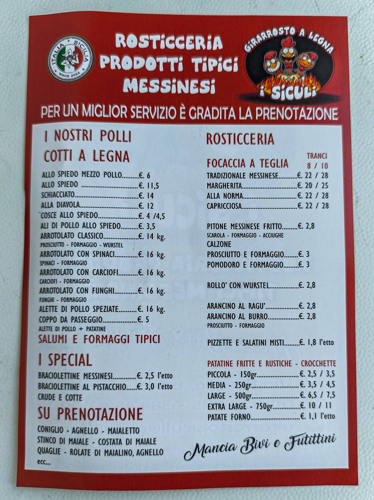 Menu di I Siculi - Rosticceria Prodotti Tipici Messinesi 
