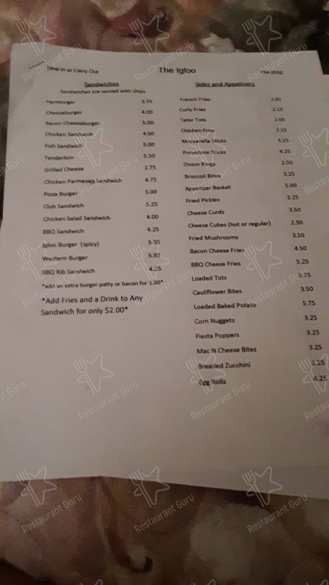 Menu at Igloo pizzeria, Winslow